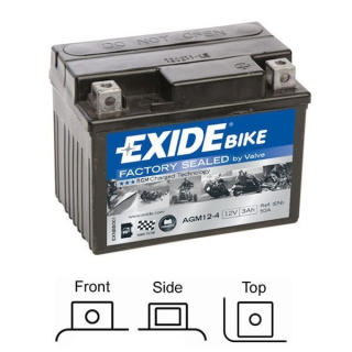 AGM motocyklová / moto baterie EXIDE AGM12-4 naplněná z výroby 12V 3Ah 50A , rozměry 113x70x85