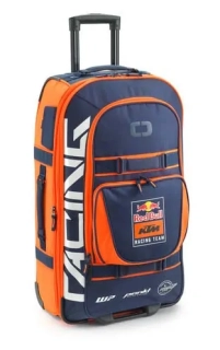Velká textilní cestovní motokrosová taška na kolečkách s teleskopickou rukojetí  KTM REPLICA TEAM TERMINAL BAG objem 95 litrů, barva modrá/oranžová