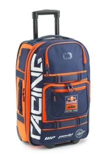 Velká textilní cestovní motokrosová taška na kolečkách s teleskopickou rukojetí  KTM REPLICA TEAM LAYOVER BAG objem 46 litrů, barva modrá/oranžová