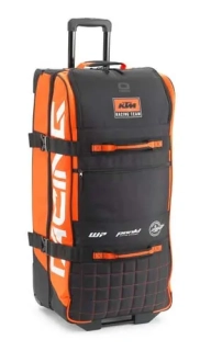Velká textilní cestovní motokrosová taška na kolečkách s teleskopickou rukojetí  KTM REPLICA TEAM TRUCKER BAG barva černá/oranžová, objem 110 litrů