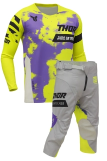 Dětský sportovní motokrosový komplet kalhot a dresu THOR LAUNCHMODE RACEWEAR BLEACH barva šedá/fialová/acid