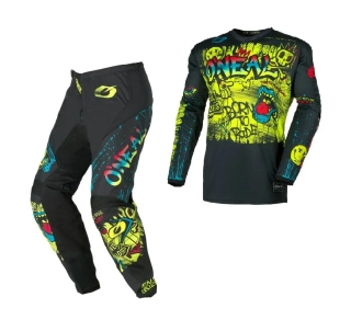 a Dětský motokrosový / enduro komplet kalhot a dresu ONEAL ELEMENT RANCID barva černá/neonově žlutá velikost 26 + L