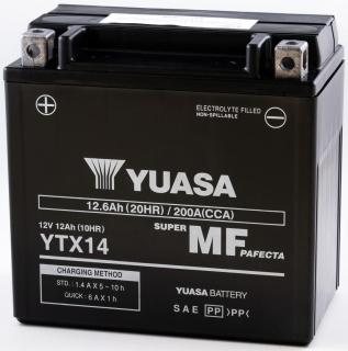 Motocyklová baterie / motobaterie YUASA MF AGM YTX14, 12,6Ah, 200A, 12V rozměr 150x87x145 mm