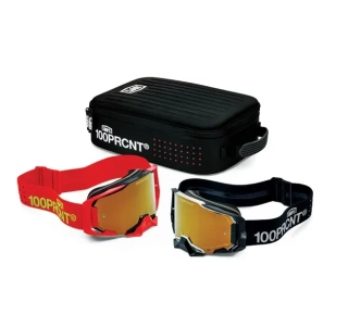 Kit motokrosových brýlí včetně přepravní tašky 100% ARMEGA DUAL ARMEGA RACER PRO PACK ČERNÁ/ČERVENÁ OBJEKTIVTRUE GOLD MIRROR