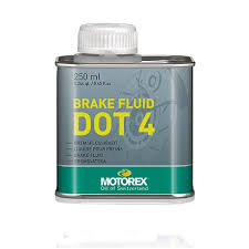a Vysoce výkonná brzdová kapalina MOTOREX BRAKE FLUID DOT 4 balení 250 ml, vysoký mokrý bod varu, více než 165 °C