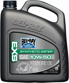 A Plně syntetický olej BEL RAY EXS 10W-50 SYNTHETIC ESTER 4T ENGINE OIL balení  4 litry